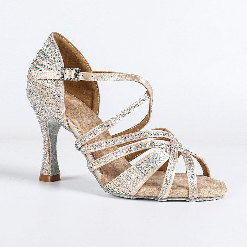 Women's Light Pink Customized Heel Open Toe Strappy Dance Shoes With Crystals