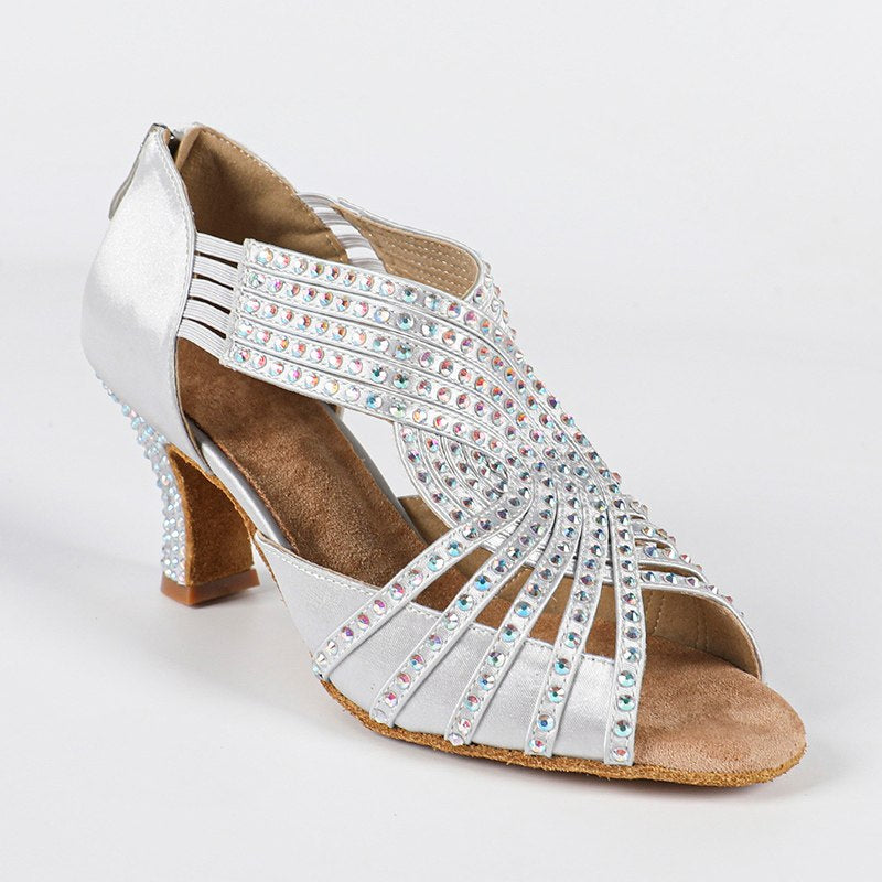 DS Women's Silver Customized Heel Strappy Satin Rhinestones Sandal Bride Dance Shoes