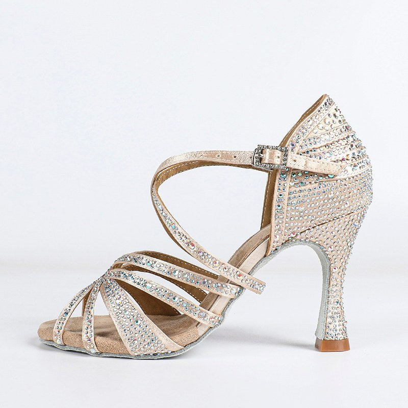 Women's Light Pink Customized Heel Open Toe Strappy Dance Shoes With Crystals