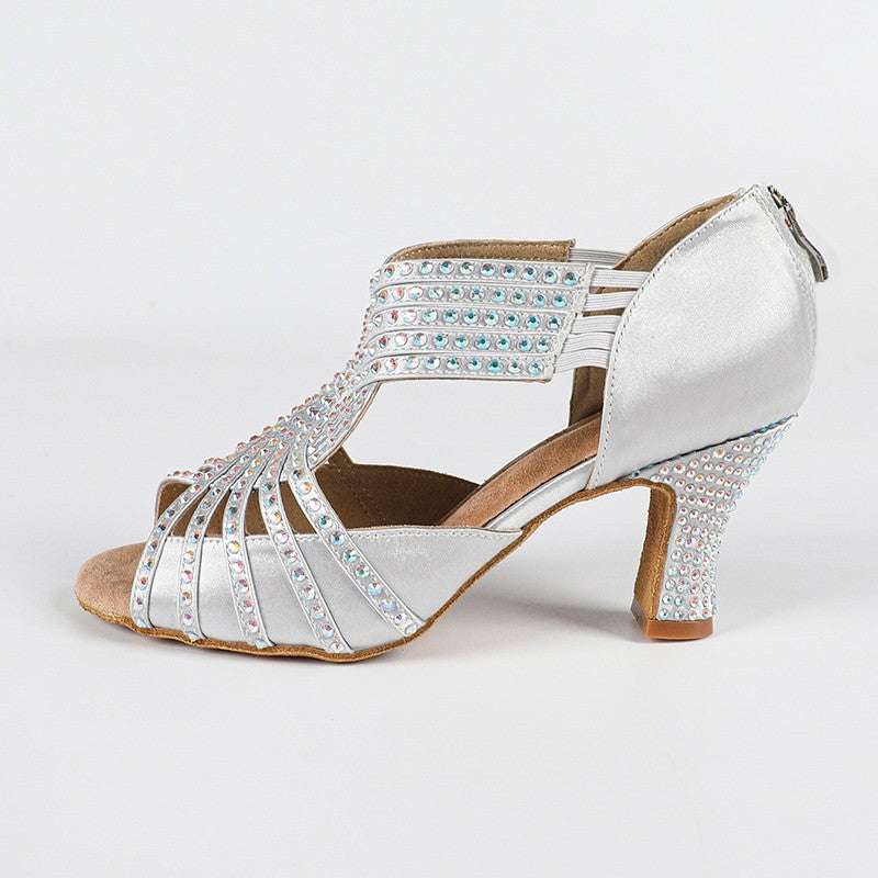 DS Women's Silver Customized Heel Strappy Satin Rhinestones Sandal Bride Dance Shoes