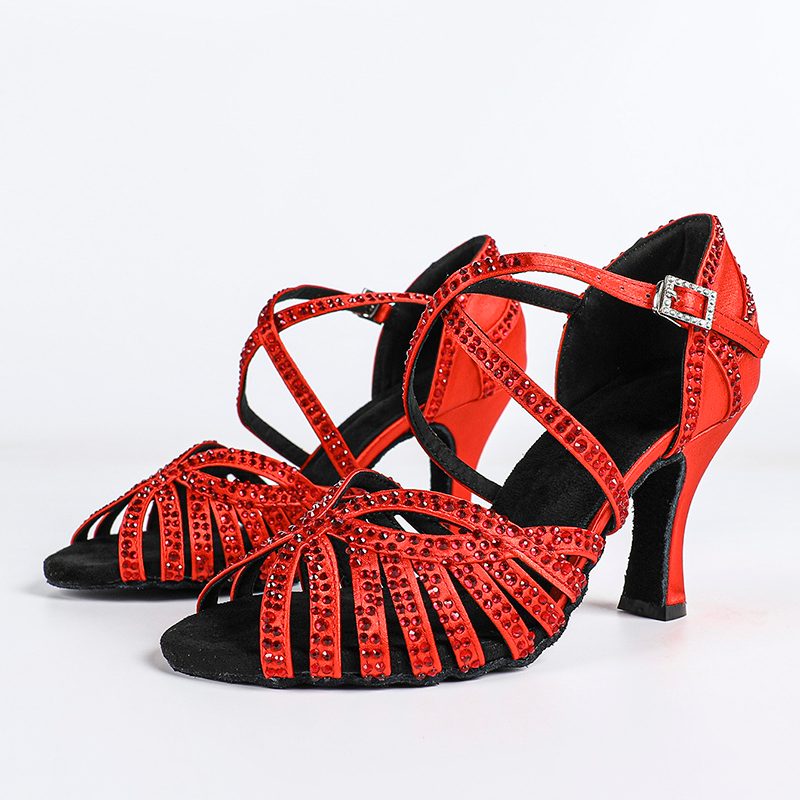 DS Women's Red Satin & Rhinestones Sandal Customized Heel Dance Shoes