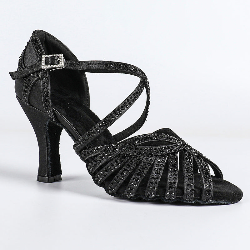 Women's Black Satin & Rhinestones Sandal Customized Heel Dance Shoes