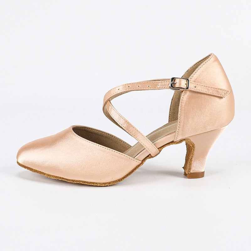 Women's Flesh Pink Satin Customized Heel Closed Toe Ballroom Dance Shoes Modern Shoes