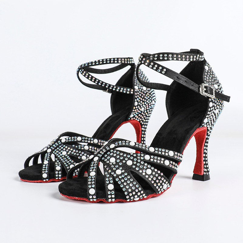 Women's Black Customized Heel Satin Rhinestones Strappy Ballroom Latin Dance Shoes