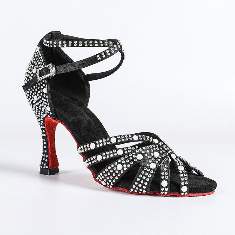 Women's Black Customized Heel Satin Rhinestones Strappy Ballroom Latin Dance Shoes