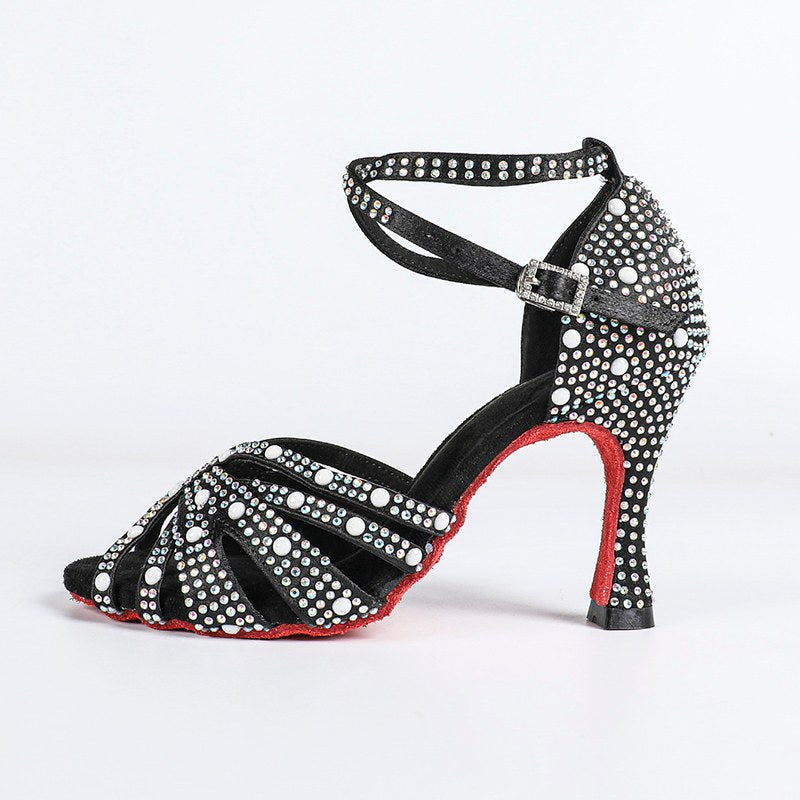 Women's Black Customized Heel Satin Rhinestones Strappy Ballroom Latin Dance Shoes