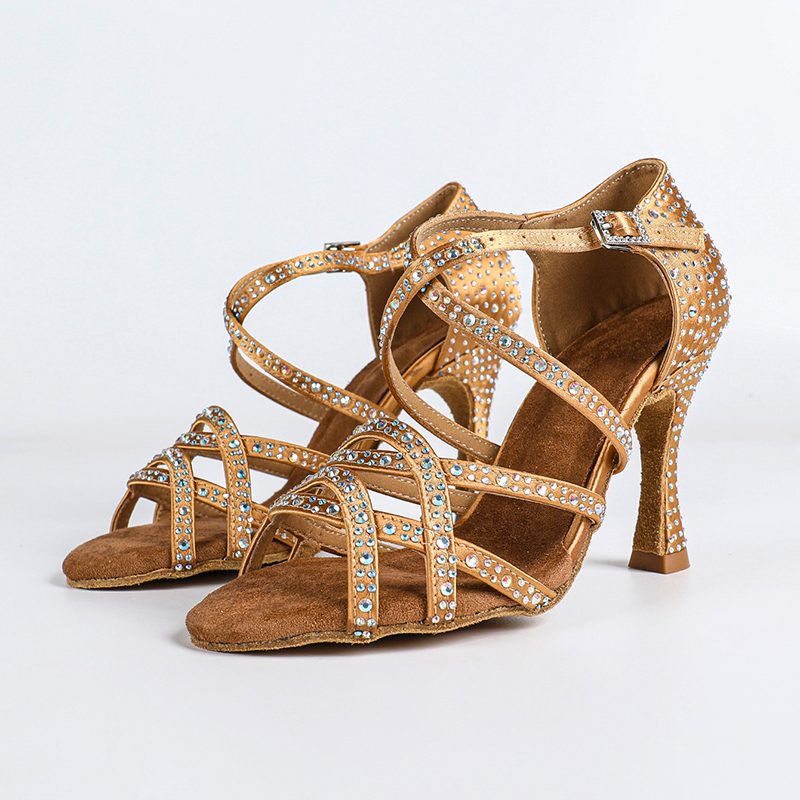 Women's Bronze Satin Rhinestone Customized Heels Ballroom Latin Dance Shoes