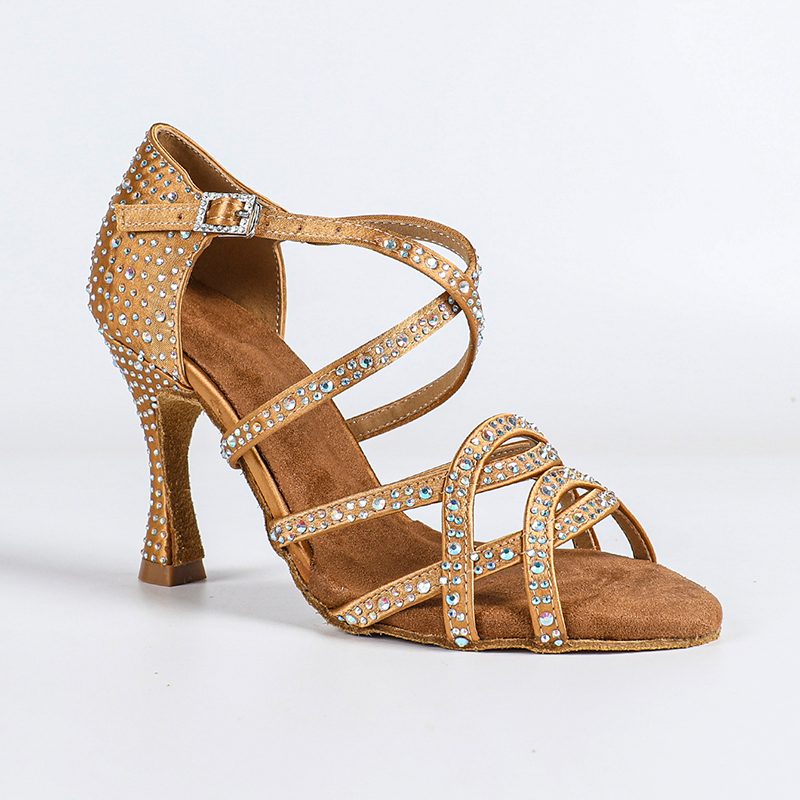 Women's Bronze Satin Rhinestone Customized Heels Ballroom Latin Dance Shoes