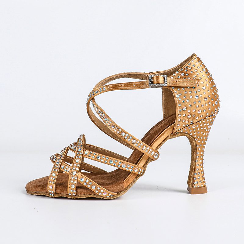 Women's Bronze Satin Rhinestone Customized Heels Ballroom Latin Dance Shoes