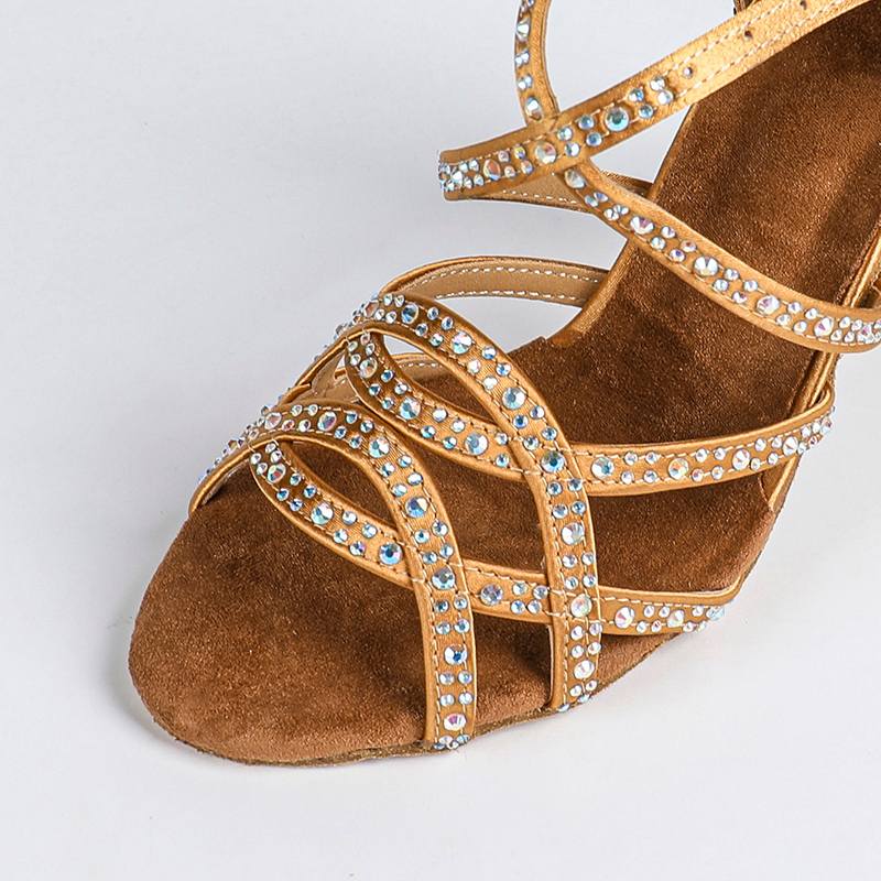 Women's Bronze Satin Rhinestone Customized Heels Ballroom Latin Dance Shoes