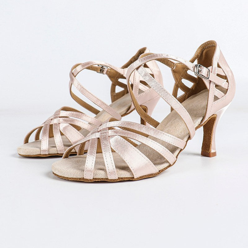 HW Women's Apricot Customized Heel Satin Strappy Dance Shoes Latin Dance Shoes