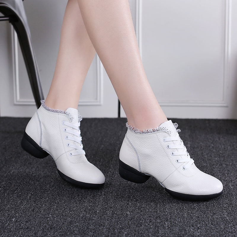 Women's Leather Lace-up 4cm Heel Dance Sneakers Practice Dance Shoes Jazz Dance