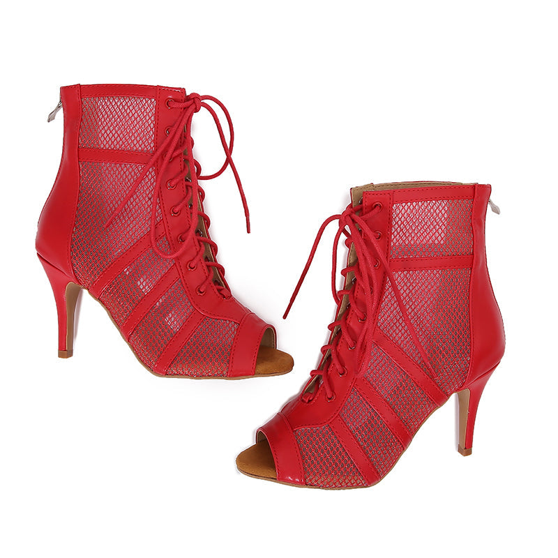 Women's Red Customized Dance Heels Rubber Sole Peep Toe Lace-up Jazz Shoes Dance Boots