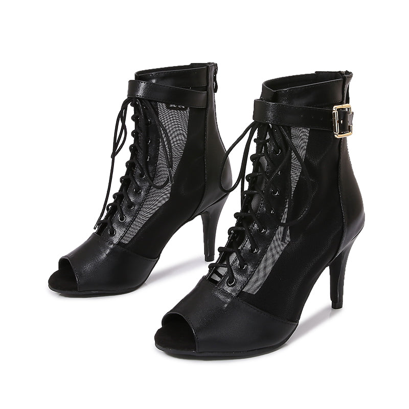 Women's Black Customized Dance Heels Rubber Sole Peep Toe Lace-up Jazz Shoes Dance Boots