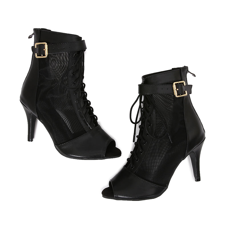 Women's Black Customized Dance Heels Rubber Sole Peep Toe Lace-up Jazz Shoes Dance Boots