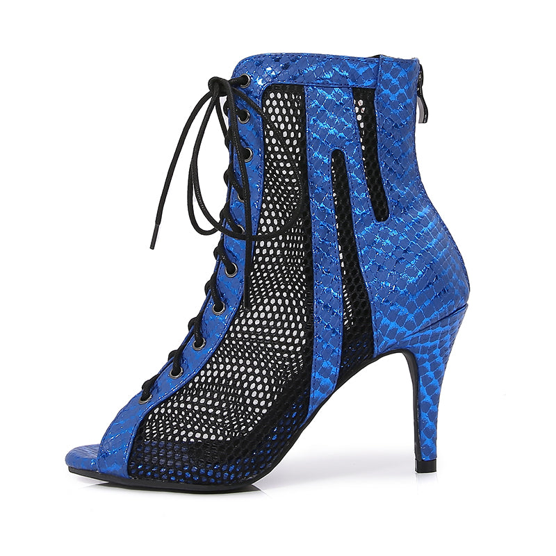 Women's Blue Customized Dance Heels Rubber Sole Peep Toe Lace-up Jazz Shoes Dance Boots