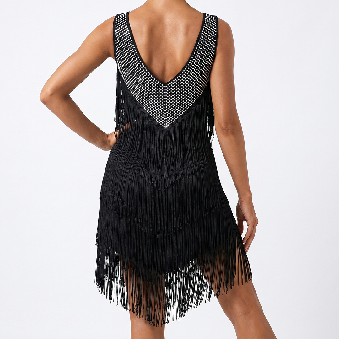 Customisable-Spandex Tassel Crystals Latin Dance Dress Competition Dress Performance Dress