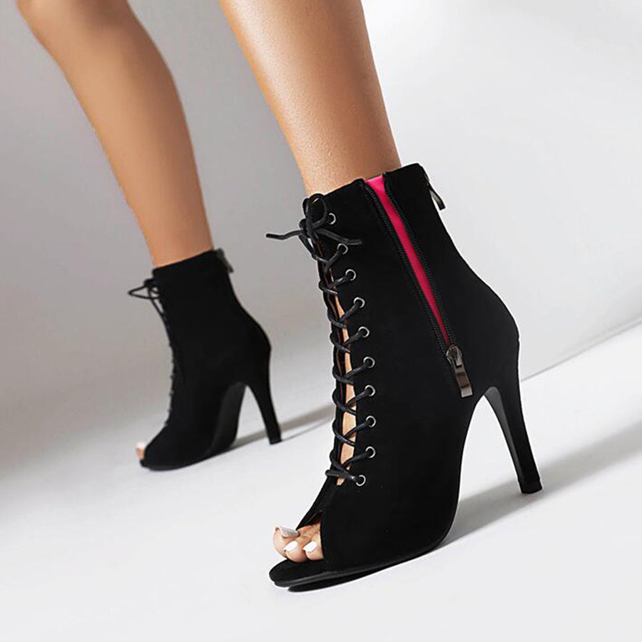 AJ Women's 10cm Heel Rubber Sole Leatherette Jazz Shoes Open Toe Dance Heels Boots