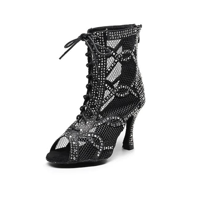Women's Satin Black Customized Heels Dance Boots Jazz Salsa Dancing Shoes