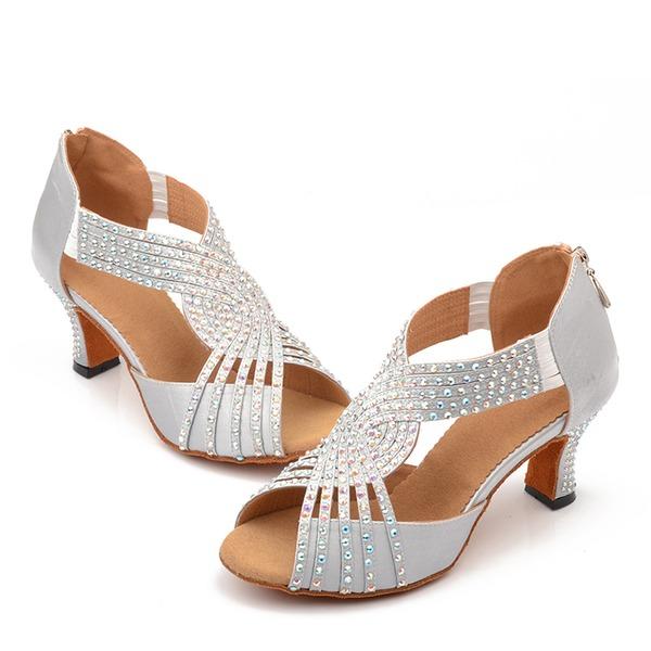 DS Women's Silver Customized Heel Strappy Satin Rhinestones Sandal Bride Dance Shoes