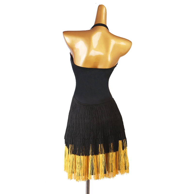 Customisable-Women's Black Tassel  Sleeveless Performance Latin Dance Dress Dance Wear
