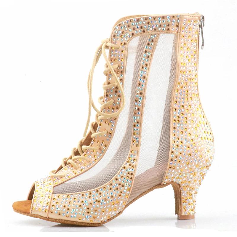 Women's Rhinestone Satin Customized Heels Dance Boots Jazz Salsa Dancing Shoes