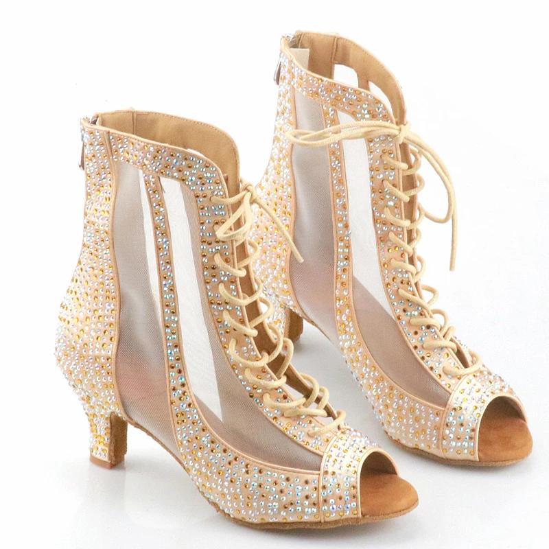 Women's Rhinestone Satin Customized Heels Dance Boots Jazz Salsa Dancing Shoes