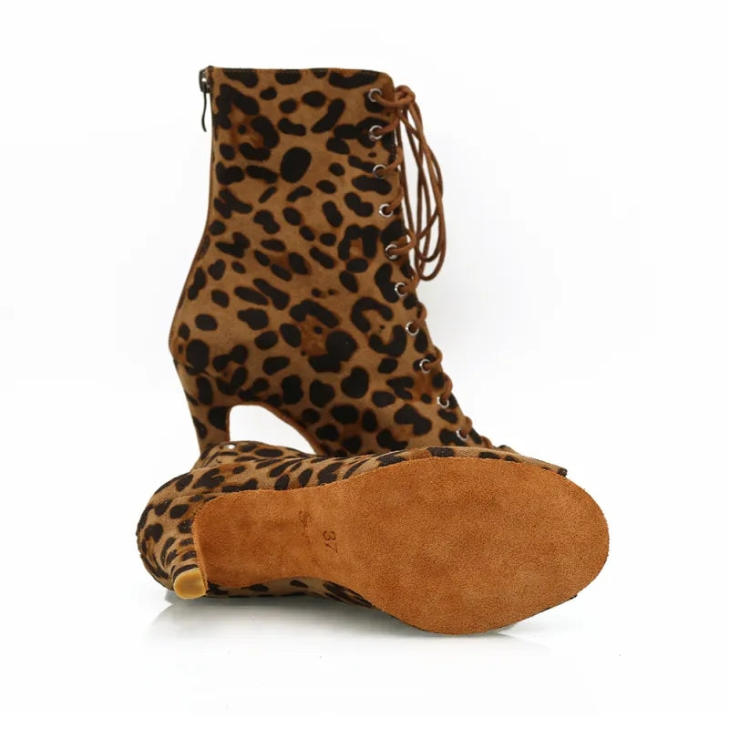 Women's Leopard Customized Heel Open Toe Heels Dance Boots Jazz Salsa Dancing Shoes