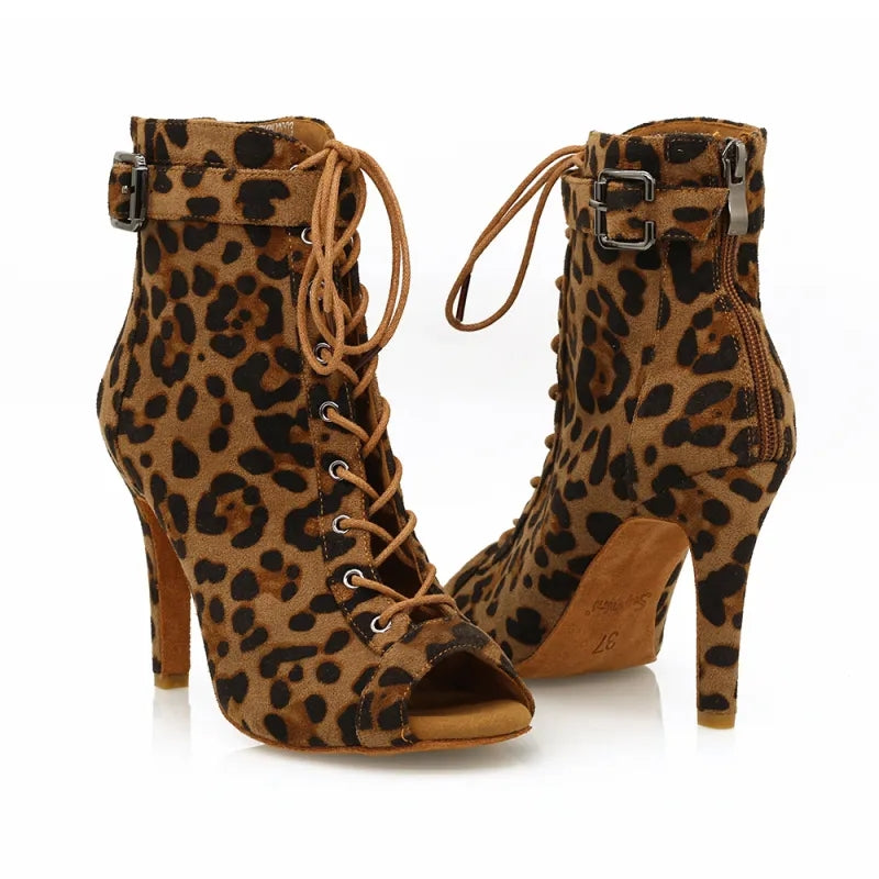 Women's Leopard Customized Heel Open Toe Heels Dance Boots Jazz Salsa Dancing Shoes
